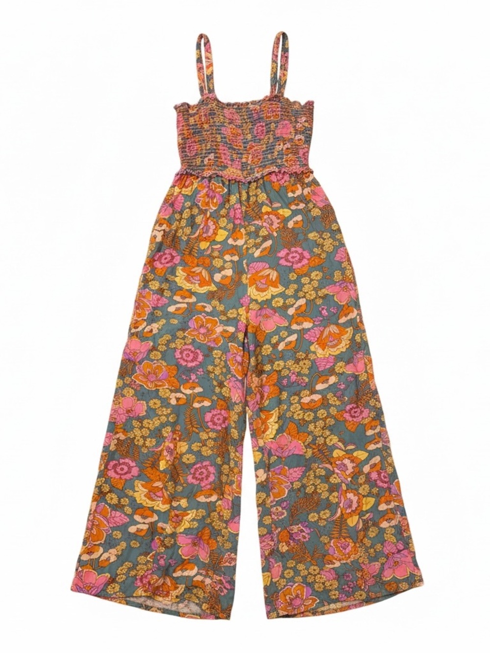 Natural Life Boho Floral Smocked Wide-Leg Jumpsuit - Pink & Orange Sz Small